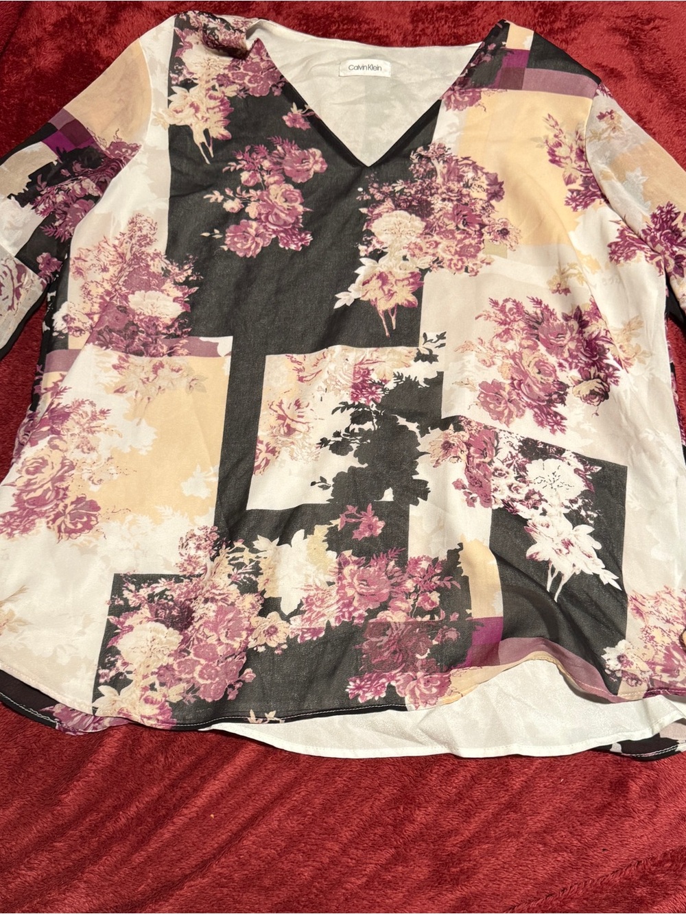 Calvin Klein Floral Patchwork V-Neck Tunic - Black, Mauve & Cream